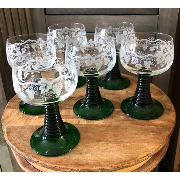 Luminarc France Vintage Grapevine Etching Glasses Beehive Coil Stem Set 6 1970s - Picture 12 of 12